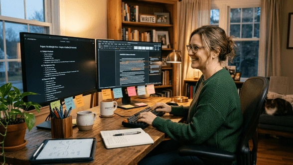 Writer working on dual monitors in home office
