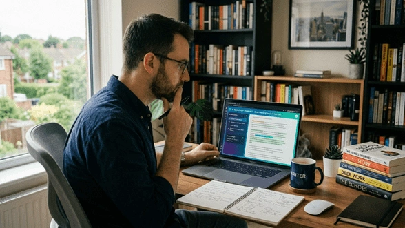 Author reviewing manuscript on laptop at desk