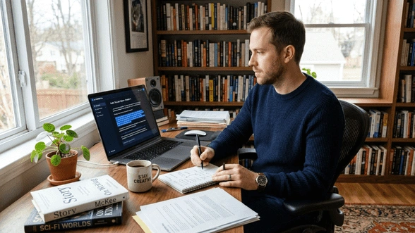 Man editing document and taking notes at workspace