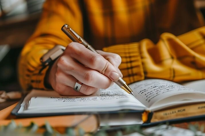 Close-up of hand writing in journal