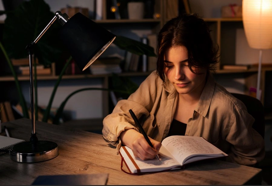 Young woman studying and taking notes at night